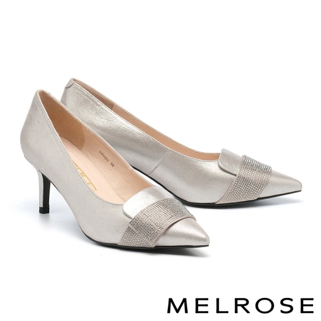 MELROSE 美樂斯 華麗水鑽造型金屬羊皮尖頭高跟鞋(銀)