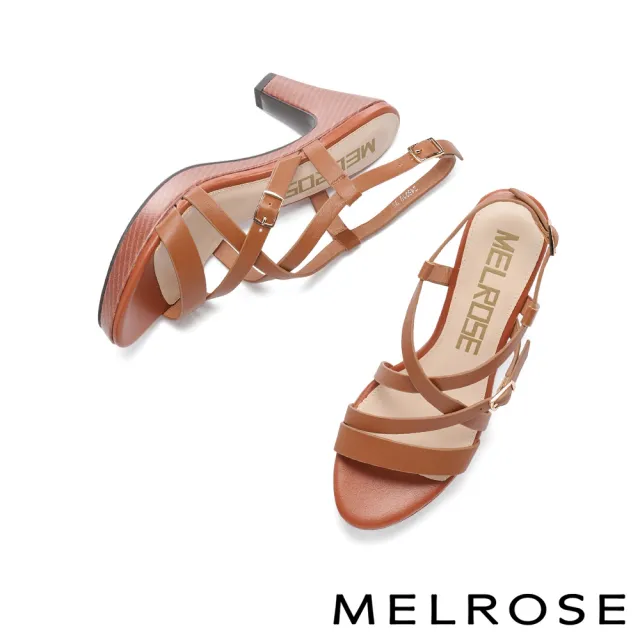 【MELROSE】美樂斯 安定感 質感交叉條帶造型牛皮美型高跟涼鞋(棕)