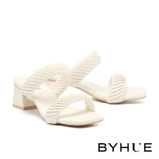 【BYHUE】韓系質感澎澎褶皺一字帶軟芯方頭高跟拖鞋(白)