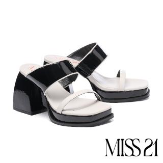 【MISS 21】微酷個性撞色寬帶水臺大方頭胖胖高跟拖鞋(黑)