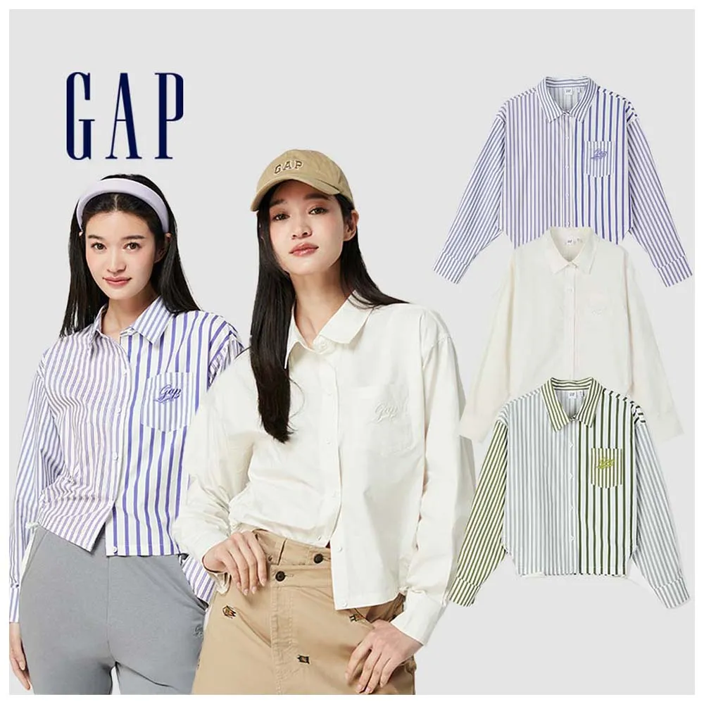 【GAP】女裝 Logo純棉翻領長袖襯衫-多色可選(873202)