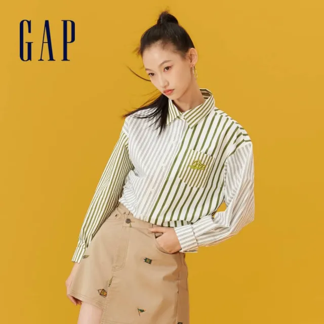 【GAP】女裝 Logo純棉翻領長袖襯衫-多色可選(873202)