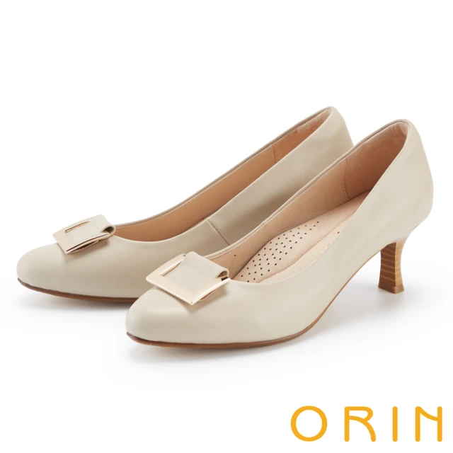 ORINORIN 質感方釦真皮尖頭中跟鞋(杏色)