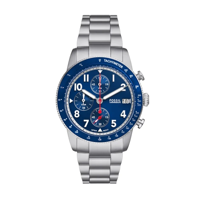 【FOSSIL】Sport Tourer 經典海軍藍三眼計速造型手錶 銀色不鏽鋼錶帶 42MM(FS6047)