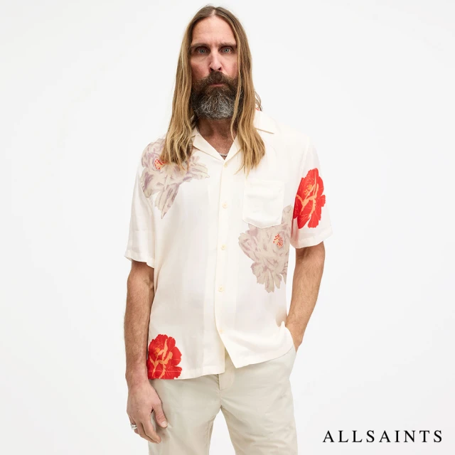 ALLSAINTS ROZE 人造絲寬鬆短袖夏威夷花卉印花襯衫-米 M033SA(舒適版型)