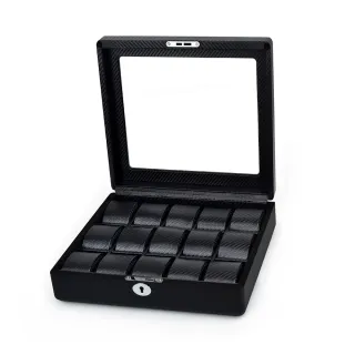 【P&W】名錶收藏盒 15支裝 玻璃鏡面 碳纖維紋 木質 手工精品錶盒(大錶適用 手錶收納盒 帶鎖)