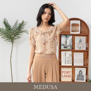 【MEDUSA 曼度莎】現貨-卡其雪紡碎花小荷葉領上衣（M-2L）｜女上衣 雪紡上衣 短袖上衣(301-77901)