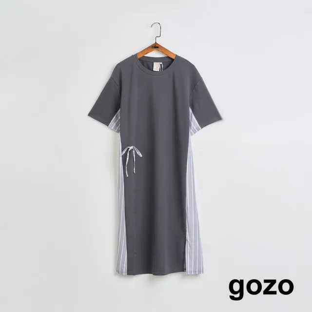 【gozo】MOMO獨家款★限量開賣 蝴蝶結條紋拼接短袖洋裝(兩色)