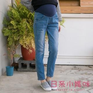 【AILIAN 日系小媽咪】舒適微抓破刷色水洗牛仔褲 可調式瑜珈腰圍 S-XXL(孕婦褲)