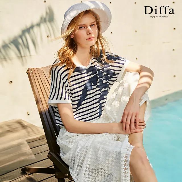 【Diffa】撞色條紋椰子樹印花連袖針織衫-女