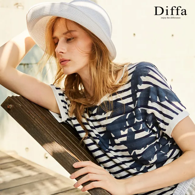 【Diffa】撞色條紋椰子樹印花連袖針織衫-女