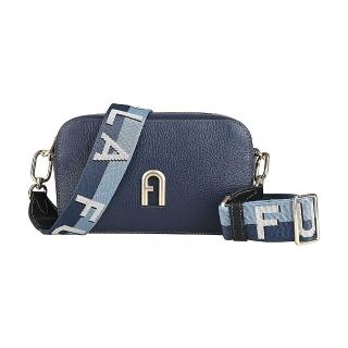 【FURLA 芙拉】FURLA Primula燙印金字LOGO荔枝紋牛皮拉鍊斜背包(迷你/地中海深藍)