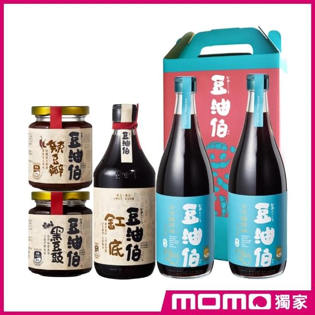 【豆油伯】全方位美滿料理組(金美滿無添加糖醬油禮盒680mlx2+缸底醬油500ml+黑豆豉280g+辣豆瓣醬280g)