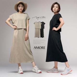 【Amore】 日韓兩件式層次長版短袖連身衣裙2色(兩件式上衣+無袖連身衣裙)
