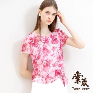 【TOWN’WEAR 棠葳】涼感花卉透膚上衣(中大尺碼/女上衣/女上著/滿版/短袖/鑽飾/綁結/印花)