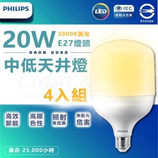 【Philips 飛利浦】4入組 20W LED中低天井燈泡(3000K 黃光 E27燈頭 全電壓)