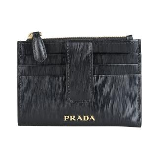 【PRADA 普拉達】PRADA Vitello Move金字LOGO牛皮3卡拉鍊按釦式卡夾零錢包(黑)