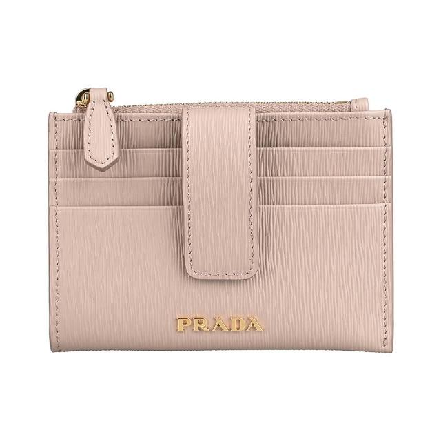 【PRADA 普拉達】PRADA Vitello Move金字LOGO牛皮3卡拉鍊按釦式卡夾零錢包(藕粉)