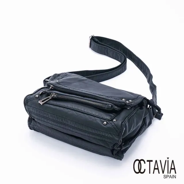 【OCTAVIA 8】雙11 OCTAVIA 8 - 黑色鉚釘 雙層反摺水洗牛皮輕量肩斜二用書包 - 帥帥黑(Octavia 8