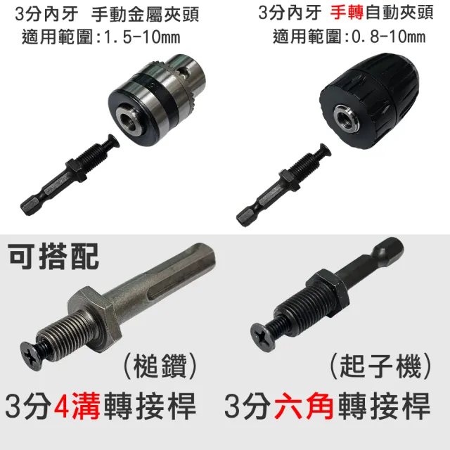 三爪夾頭 電鑽轉夾頭(砂輪機 手動式 手轉式 夾頭 3分 4分)