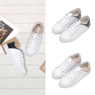 【FUFA Shoes 富發牌】真皮綁帶拼接色休閒鞋-白黑/白粉 1DH005(女鞋/休閒鞋/小白鞋/休閒懶人鞋)