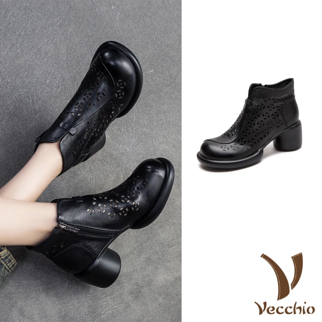 VecchioVecchio 真皮短靴 粗跟短靴/全真皮頭層牛皮復古縷空銅錢設計粗跟短靴 涼靴(黑)