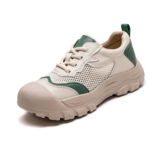 【Vecchio】真皮運動鞋 厚底運動鞋/真皮頭層牛皮撞色透氣網面拼接個性厚底運動鞋(綠)