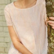 【Diffa】桔白條織紋短袖上衣-女