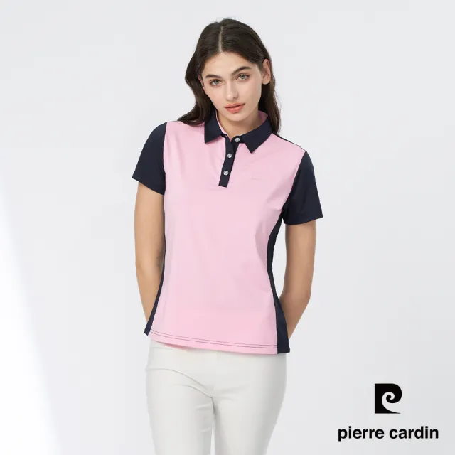 【pierre cardin 皮爾卡登】女款 吸濕排汗撞色短袖polo衫-藍粉色(4247202-38)