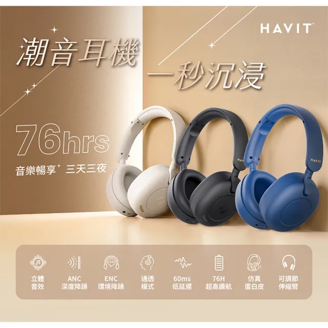【Havit 海威特】H655BT雙降噪ENC/ANC無線藍牙耳罩式耳機(雙設備連接/60ms超低延遲/76H高續航/公司原廠貨)