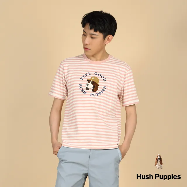 【Hush Puppies】男裝 上衣 配色橫條紋Q版刺繡漁夫帽狗短袖上衣(粉紅 / 43110204)