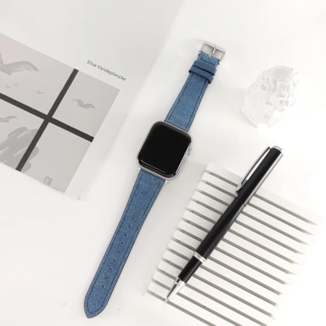 Watchband Apple Watch 全系列通用錶帶 蘋果手錶替用錶帶 銀鋼扣 外層牛仔布紋 內層真皮錶帶(藍色)