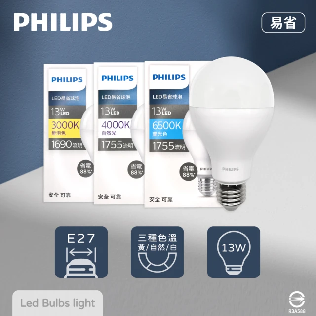 Philips 飛利浦 4入組 易省 LED燈泡 13W E27 全電壓 LED 球泡燈(2024年最新款)