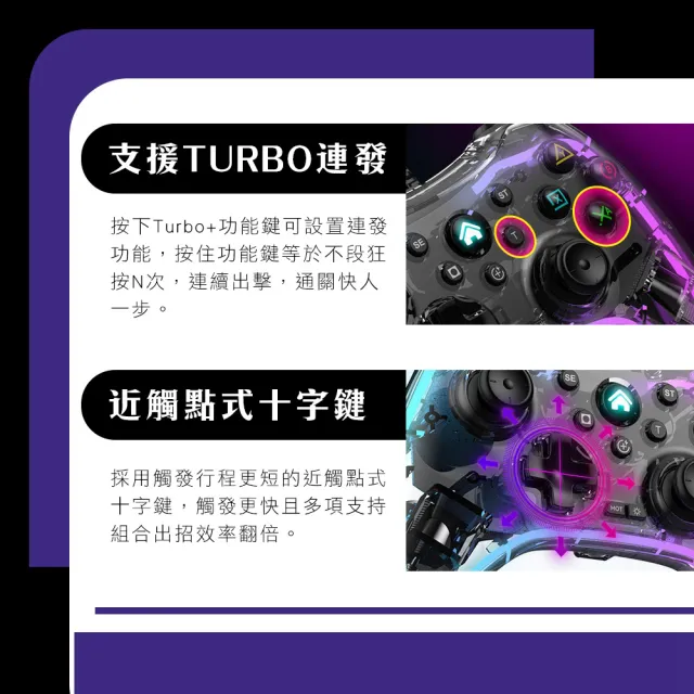【tFriend】副廠 透明USB有線震動手把 RGB發光遊戲搖桿控制器(適用Switch及PC/PS4/安卓/支援TURBO連發功能)