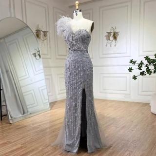 【女神婚紗禮服】奢華一字羽毛斜肩串珠高開叉派對晚禮服LA72347貴族灰(選美宴會敬酒 高階晚禮服)