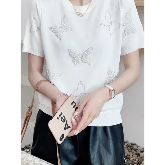 【Paiya 派亞】韓版釘珠蝴蝶結針織衫上衣時尚圓領冰絲短袖T恤(均碼S-XL可穿)