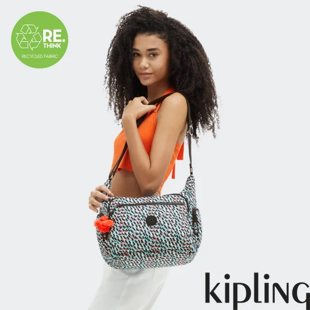 【KIPLING官方旗艦館】『牛角包』黑綠抽象印花多袋實用側背包-GABBIE