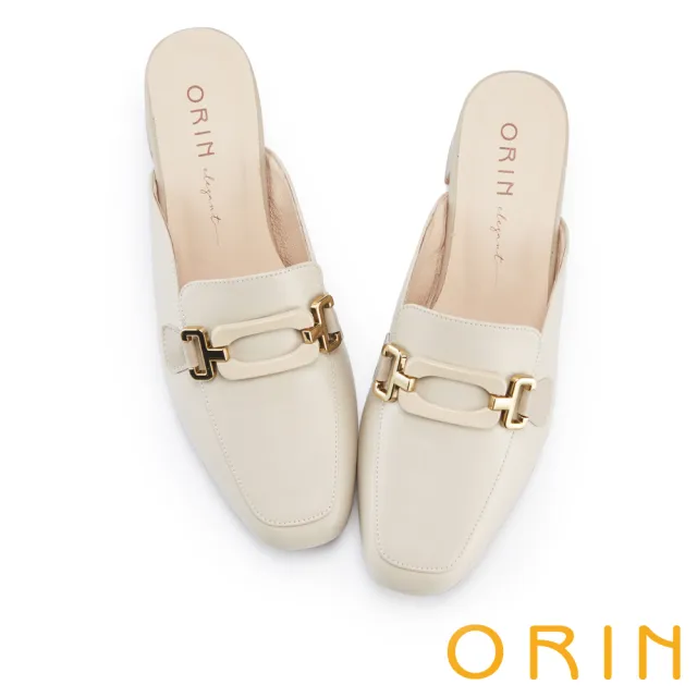 【ORIN】牛皮個性金屬飾釦中跟穆勒鞋(米色)