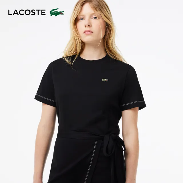 【LACOSTE】女裝-撞色車邊大輪廓平紋針織短袖洋裝(黑色)