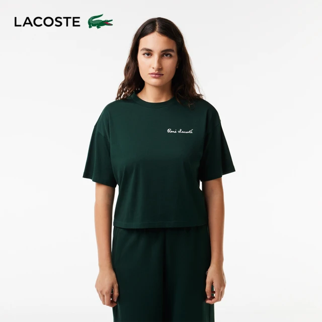 【LACOSTE】女裝-寬版文字印花短袖T恤(深綠色)