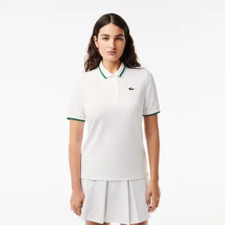 【LACOSTE】女裝-撞色條紋領網眼布短袖運動Polo衫(白色)