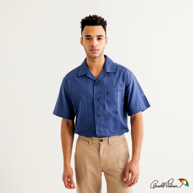 【Arnold Palmer 雨傘】男裝-棉麻立領短袖襯衫(深藍色)