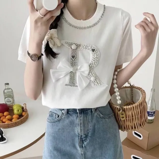 【BBHONEY】韓風重工R蝴蝶結造型冰絲短袖衫(S-XL)