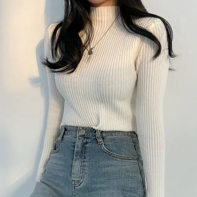 【baibeauty 白鳥麗子】雜誌款素面羅紋高領長袖上衣(針織衫)