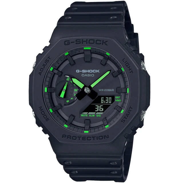 CASIO 卡西歐CASIO 卡西歐 G-SHOCK 霓虹綠 農家橡樹 耐衝擊八角雙顯電子錶(GA-2100-1A3)