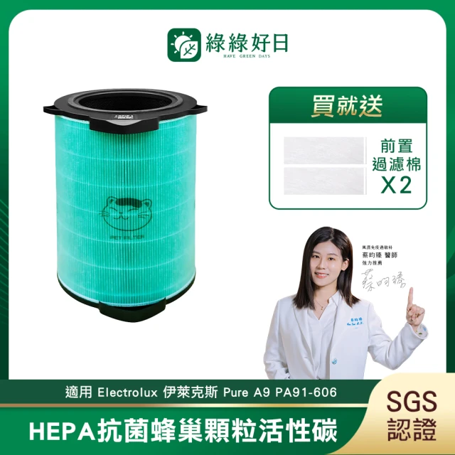 【綠綠好日】適用 Electrolux 伊萊克斯 Pure A9 PA91-606 HEPA抗菌RFID濾芯(複合 蜂顆活性碳 前置濾網＊2)