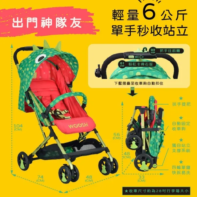 【HTGC】可登機 輕量秒收 單手折疊 嬰兒推車嬰兒車/單腳剎車/170度平躺/推車/手推車/娃娃車 綠恐龍