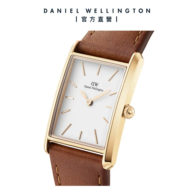 【Daniel Wellington】DW 手錶 Bound 32x22mm 摩登棕色皮革方錶-白錶盤(香檳金框)