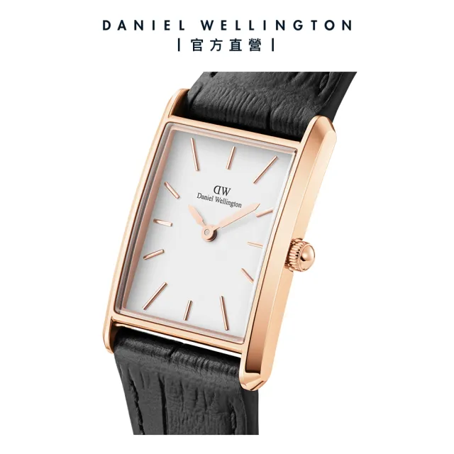 【Daniel Wellington】DW 手錶 Bound 32x22mm 摩登寂靜黑皮革方錶(玫瑰金)