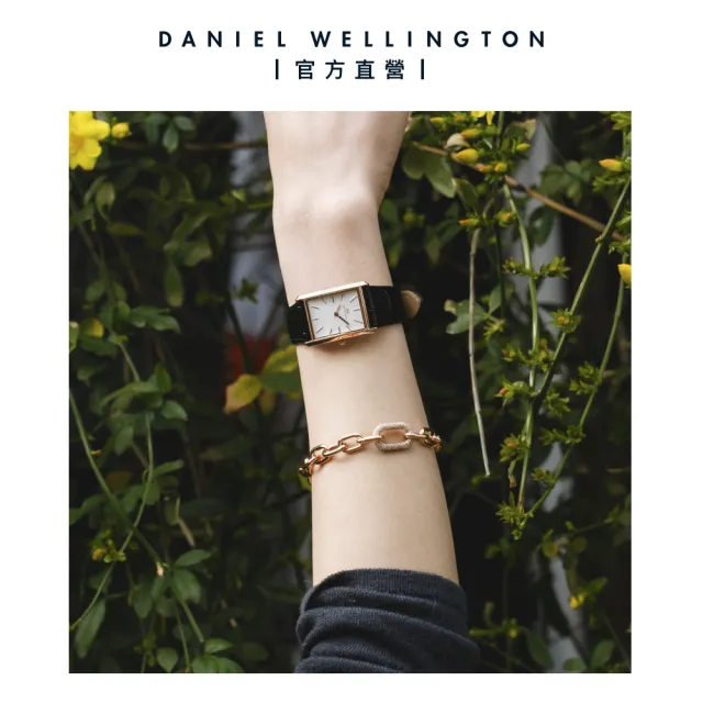 【Daniel Wellington】DW 手錶 Bound 32x22mm 摩登寂靜黑皮革方錶(玫瑰金)